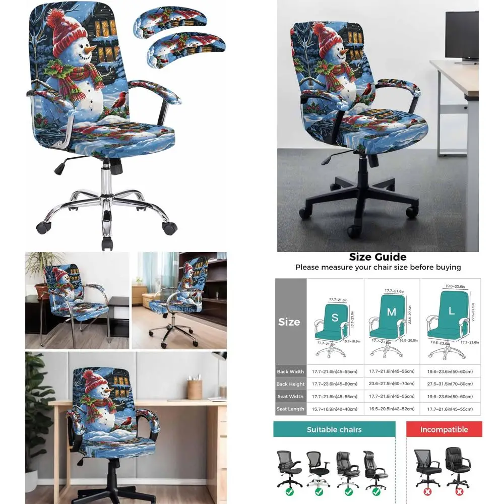 

Winter Snowman & Tree Christmas Chair Covers with Armrests, Rotating and Decorative Seat & Back Protectors for Large Armchairs