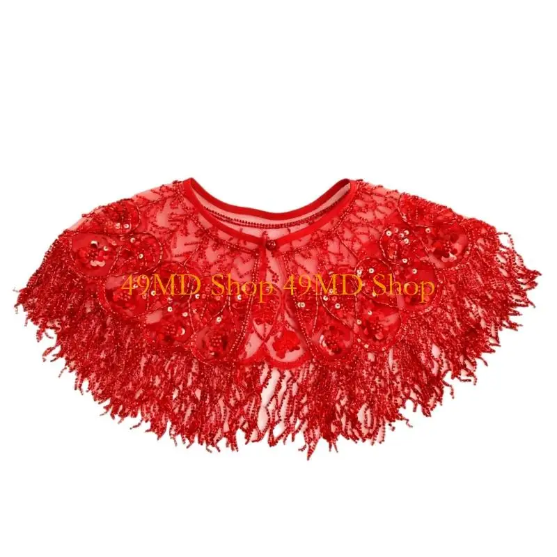 49MD Traditional Embroidered Bridal Capelet Delicate Glass Beadwork Flowing Fringe Design Soft Polyester Evening Shawl