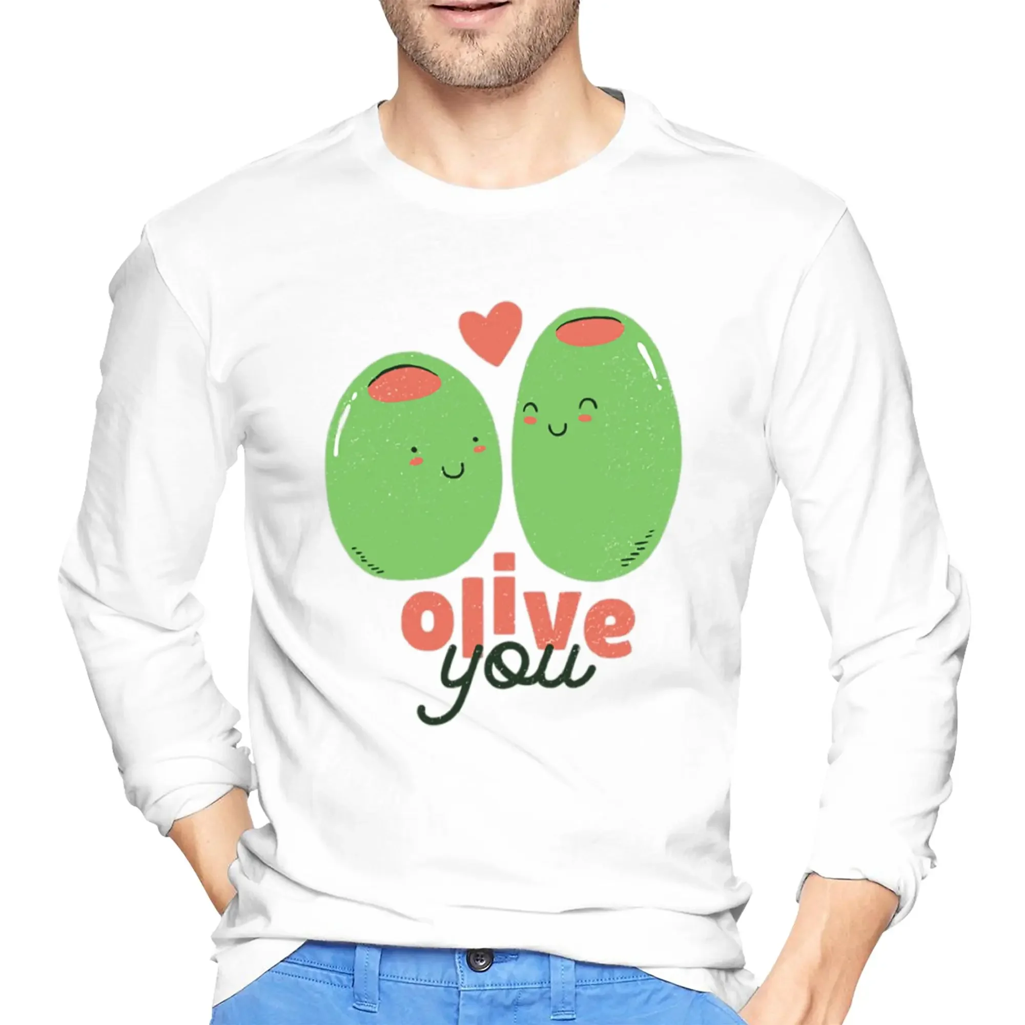 

Olive You - i Love you Men's Long Sleeved T-shirt Breathable Round Neck T shirts Spring and Autumn Men tops