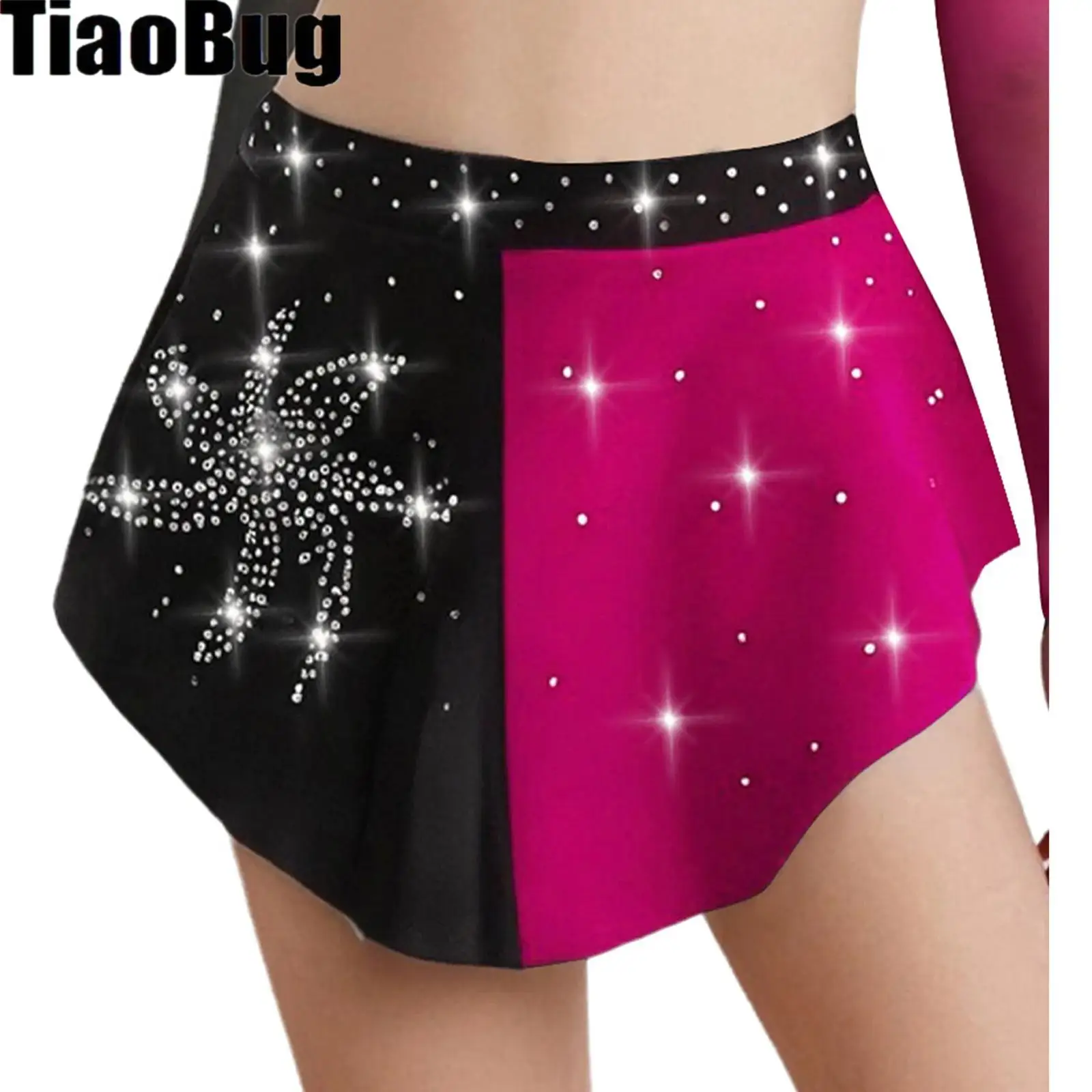 

Kids Girls Lyrical Dance Skirt Elastic Waistband Color Block Shiny Rhinestones Skirt with Built-in Briefs Costume