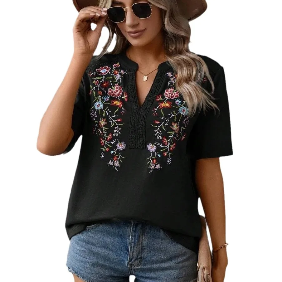 Lace Embroidery Shirt Women Summer Casual Loose Short Sleeve Shirts For Women 2024 Vintage Blace Pullover Blouse Tops Femme