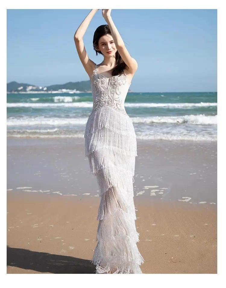 Ele prata vestido de noite feminino cinta borla luxo high-end noiva casamento dr ele sensação bola senhora anfitrião