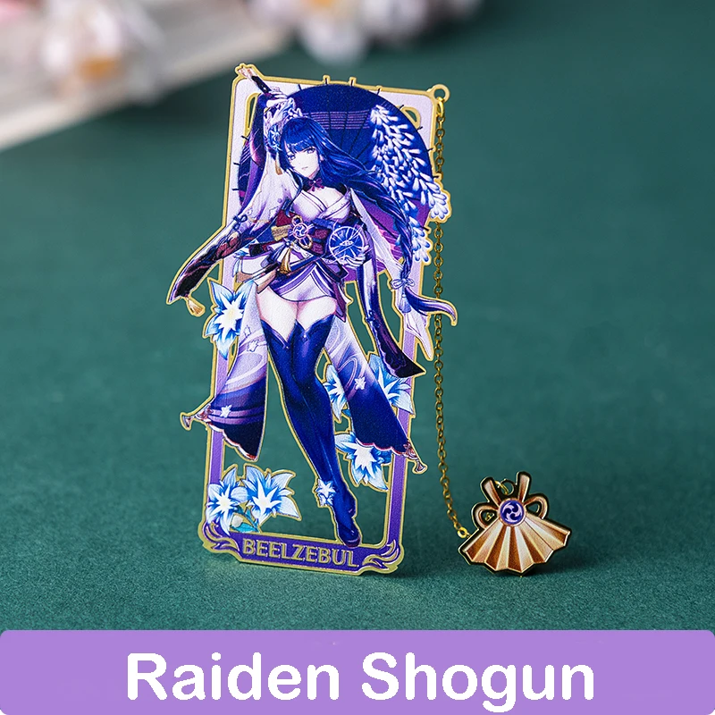 Anime Genshin Impact Raiden Shogun Beelzebul Metal Bookmarks Souvenir Hollow Out Tassels Pendant Decor Collection Cosplay Gift