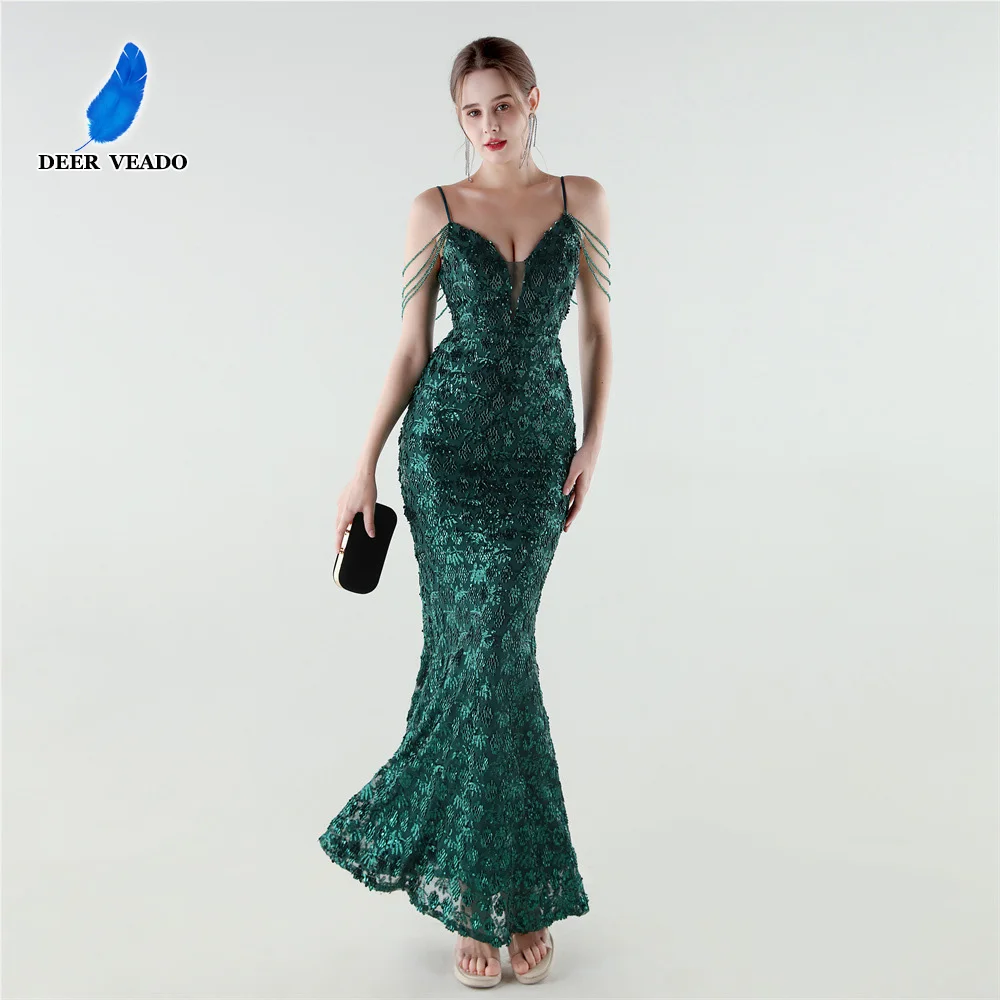 

DEERVEADO 11 Colors Women's Sexy Mermaid Strap Evening Dresses Long Luxurious Formal Party Dresses with Beads Mermaid Prom Gowns