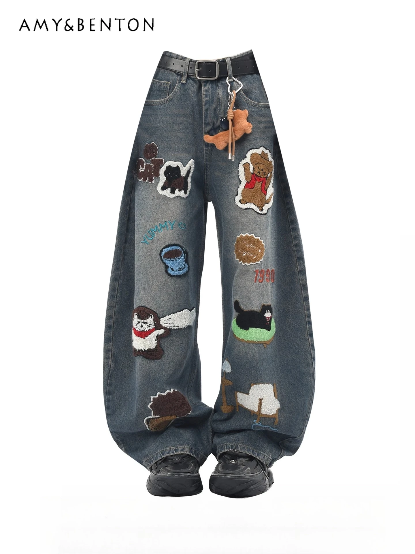 

2025 Spring and Autumn New American Retro Style Women's Cartoon Letter Embroidery Washed Loose Casual Wide-Leg Jeans
