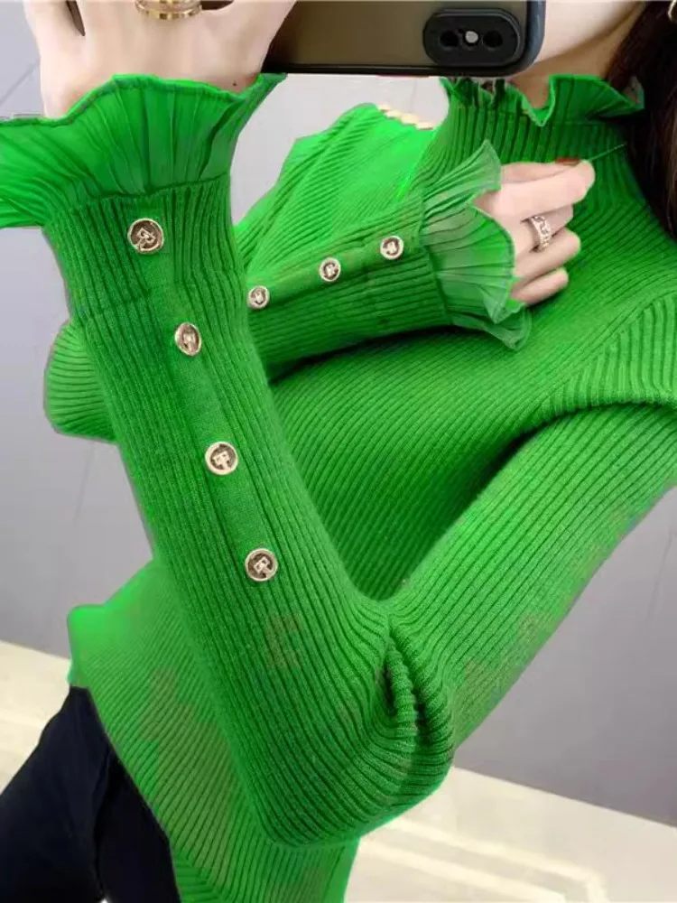 Haut tricoté avec bordure en dentelle, col haut, coupe cintrée, couche de Base, Cisas, décontracté, confortable, vêtements intérieurs pour femmes, pull mi-long