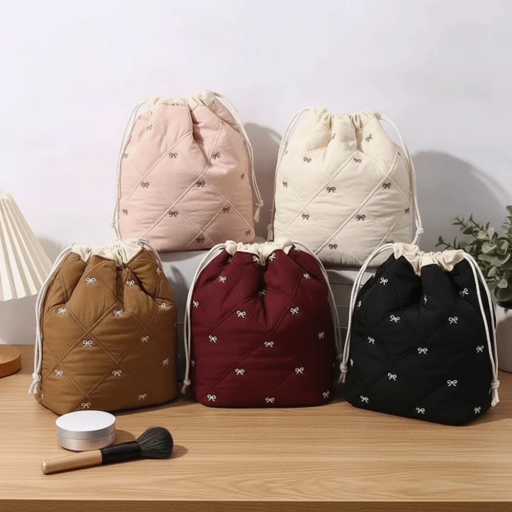 Bowknot Printed Drawstring Makeup Bag Large Capacity Soft Fabric Cosmetic Storage Bag Quilting Cotton Lightweight