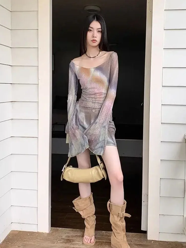 Vintage Tie Dye Print Mesh Flare Sleeve T Shirt Women Slash Neck Slim Fit Base Top Y2k Aesthetic Street Spicy Girl Tees