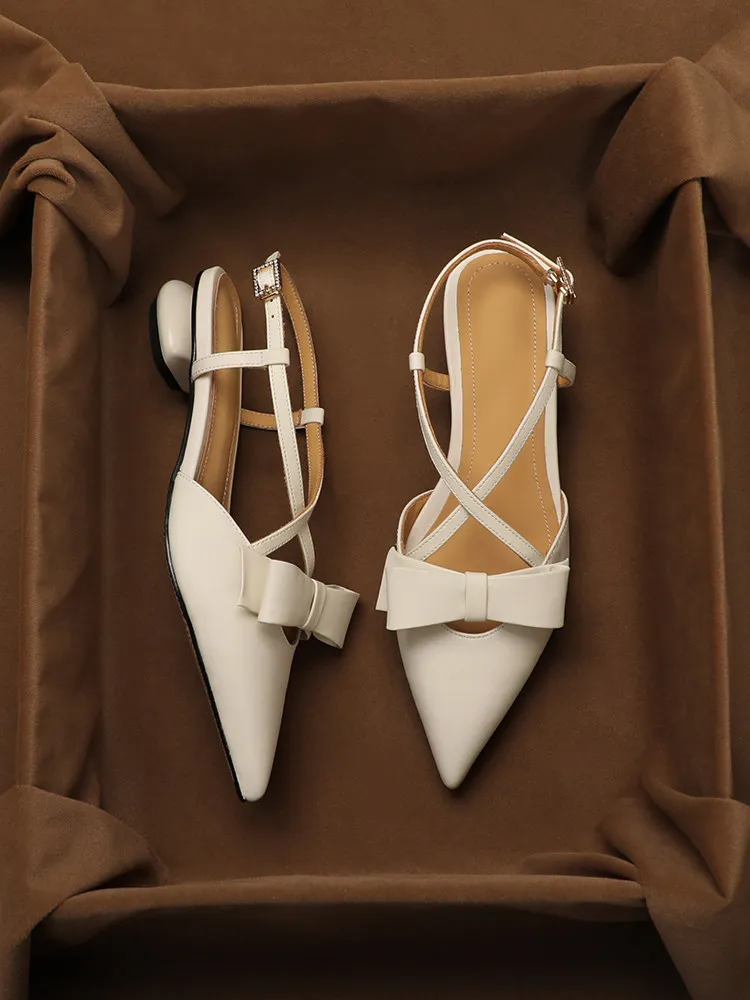 

SHOEBOX Summer new French bow fairy style thick heel shallow mouth women's leather pointed toe sandals