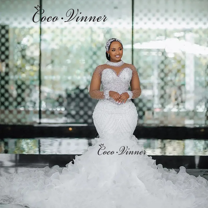 

Customized High Neck Illusion Sleeves Mermaid Wedding Dress Luxury 2026 Heavy Crystal Beaded Ruffle Wedding Dress Woman W1502