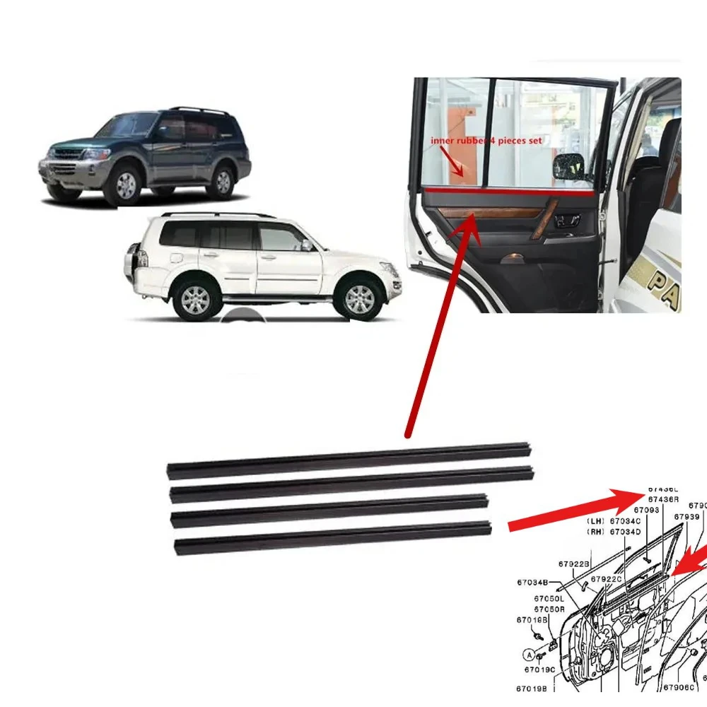 

4 шт. стеклянная резина внутреннего окна для Pajero V70 V90 5-дверная уплотнительная резина для Montero, уплотнительная лента MR437073, уплотнитель