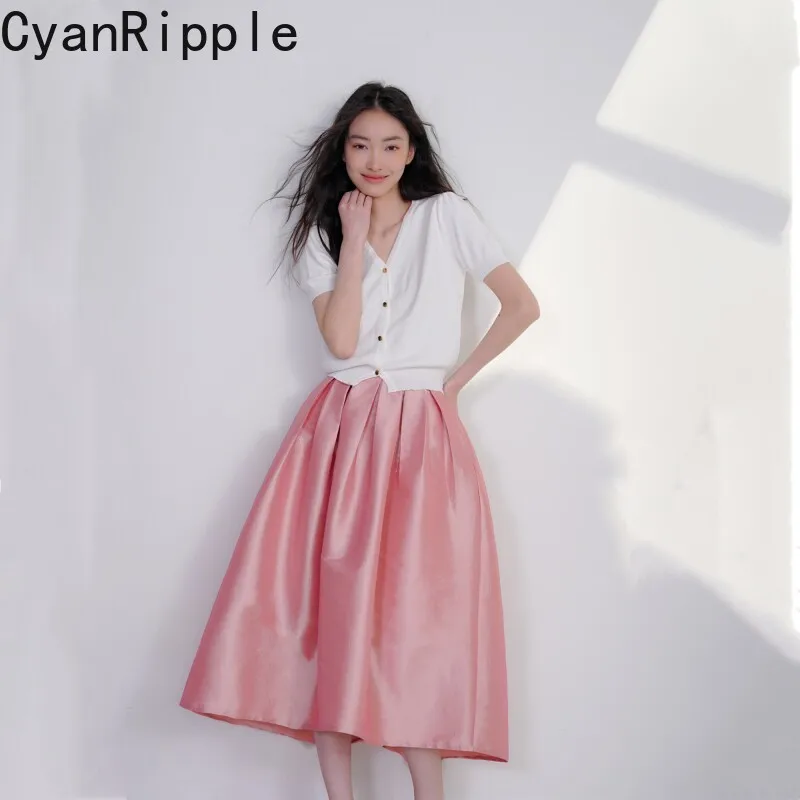 

High Quality Hepburn Style Solid Color High Waist Vintage Puffy Skirt New Spring Autumn Elegant Back Elastic Waist A-line Skirts