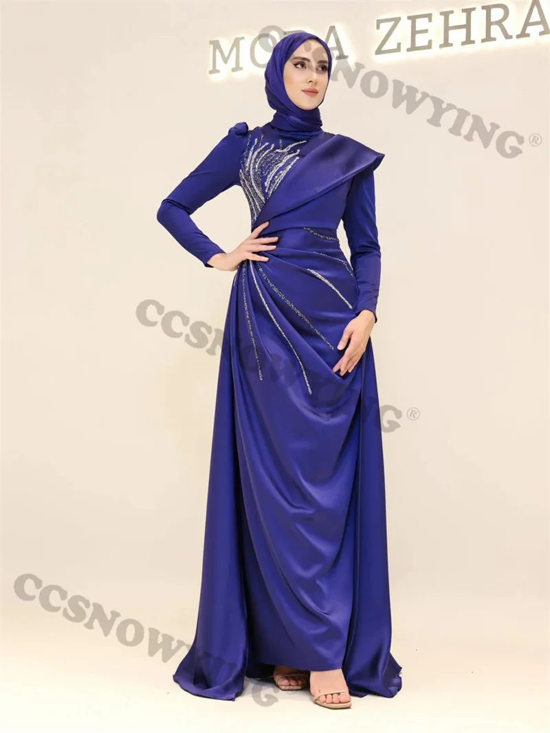 Gaun malam Hijab Muslim lengan panjang applique Satin manik-manik Islami wanita gaun pesta Formal Arab Saudi jubah De Soiree