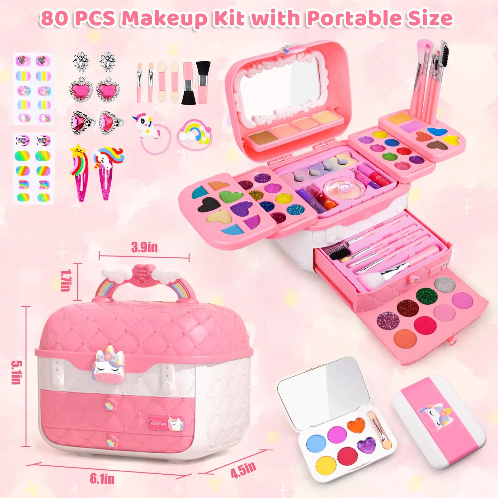 80 PCS Kids Makeup Kit for Girls 5 6 7 8 Years Old, Unicorn Girls Toy for Little Girls Birthday, Princess Dolls Dress Up Toy for