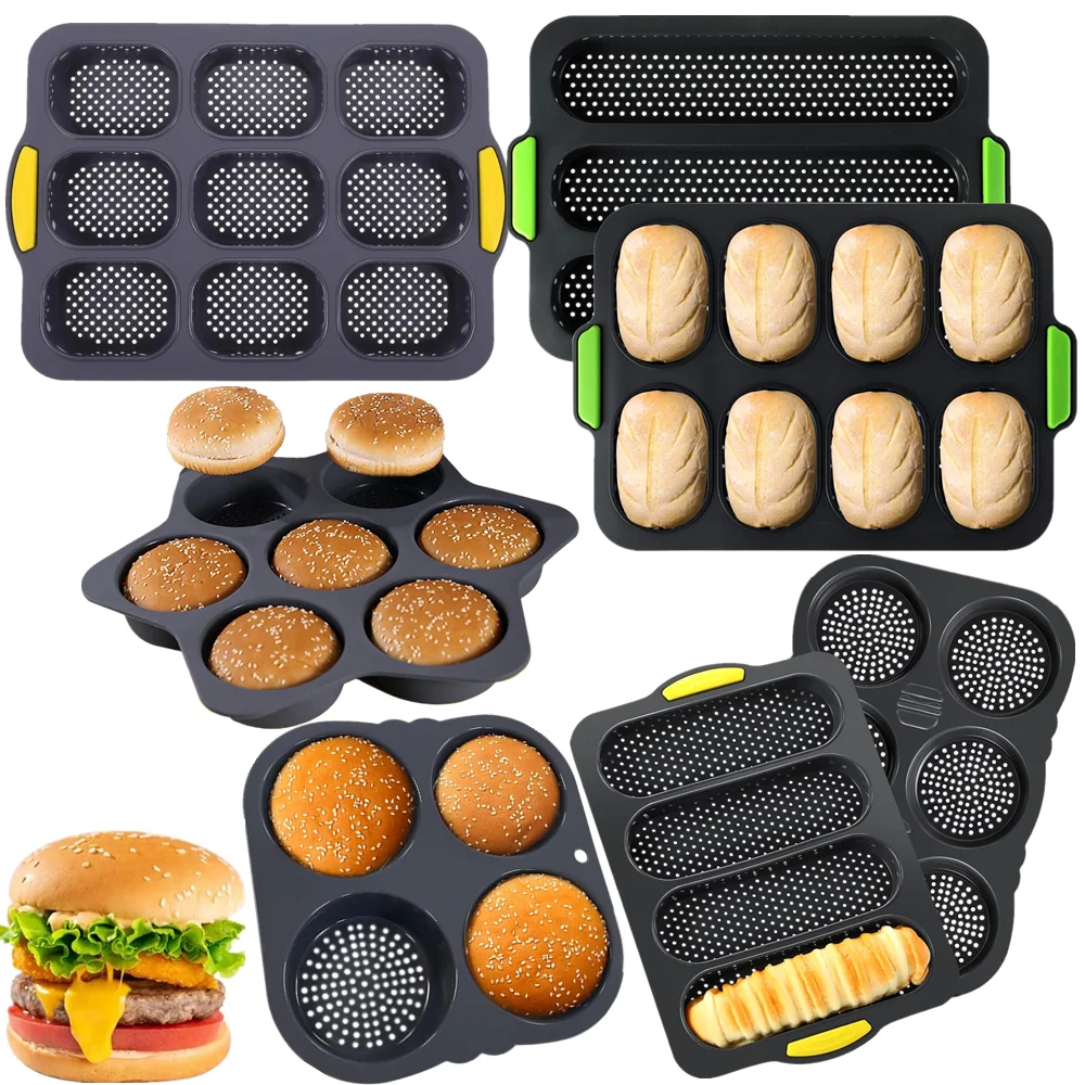 Molde para bollos de hamburguesa, silicona de grado alimenticio antiadherente, sartén para pan, Baguette, formas para hornear pan francés, bollos para hamburguesas, bandeja para sándwich