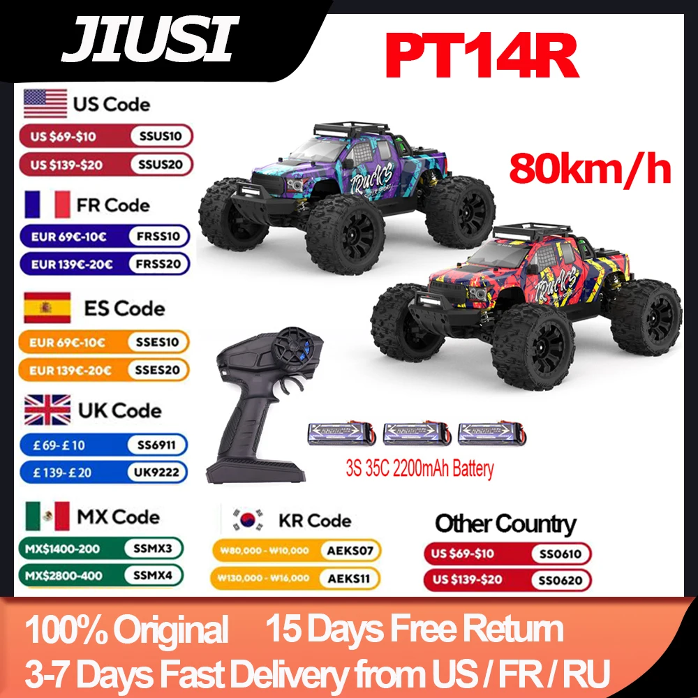 JIUSI PT14R MT14R 1/14 RC سيارة 4WD 80km/h فرش 2.4G التحكم عن بعد سباق السيارات 3S 35C 2200mAh عالية السرعة على الطرق الوعرة مركبة يتم التحكم بها عن بُعد