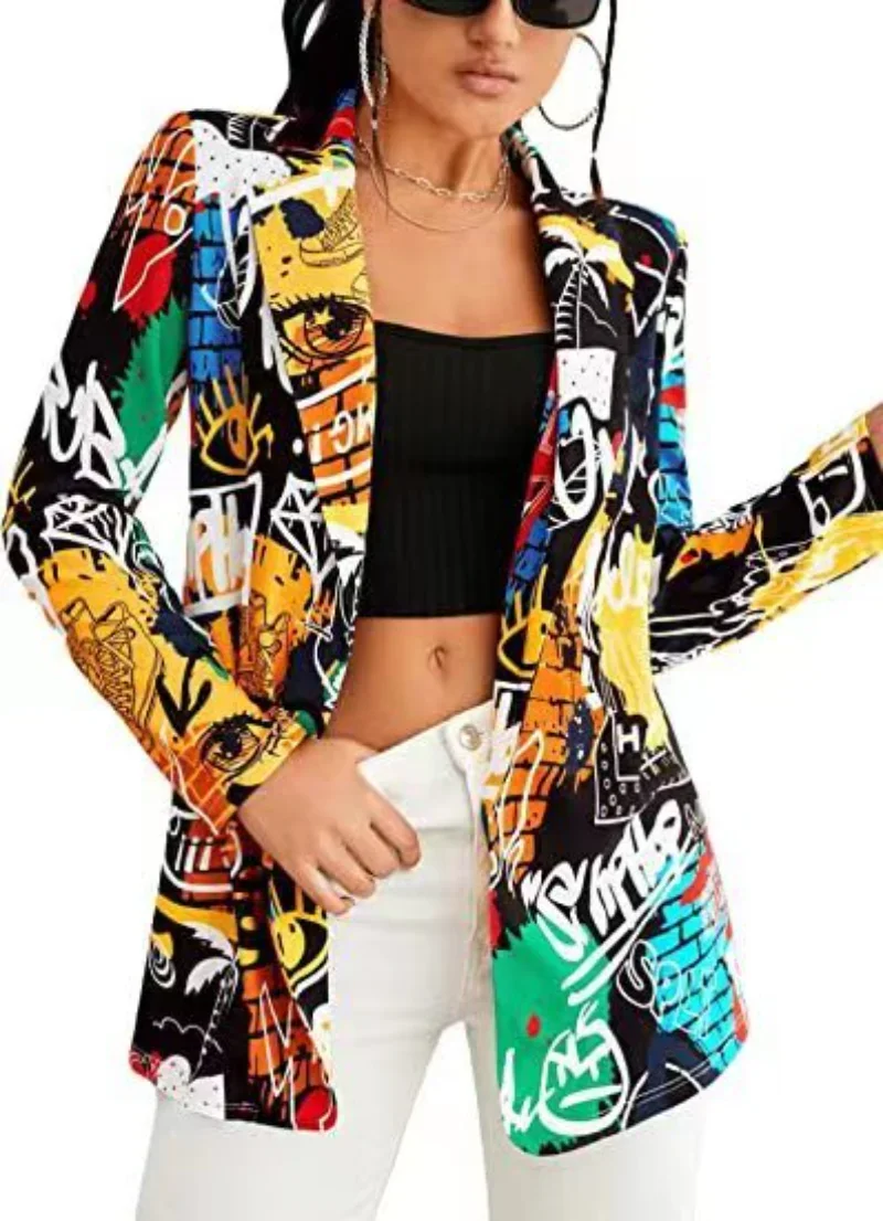 Vintage Letter Irregular Printing Blazer Women Jacket High Street Fashion 2024 New Oversized Elegant Lady Coat American Stylish