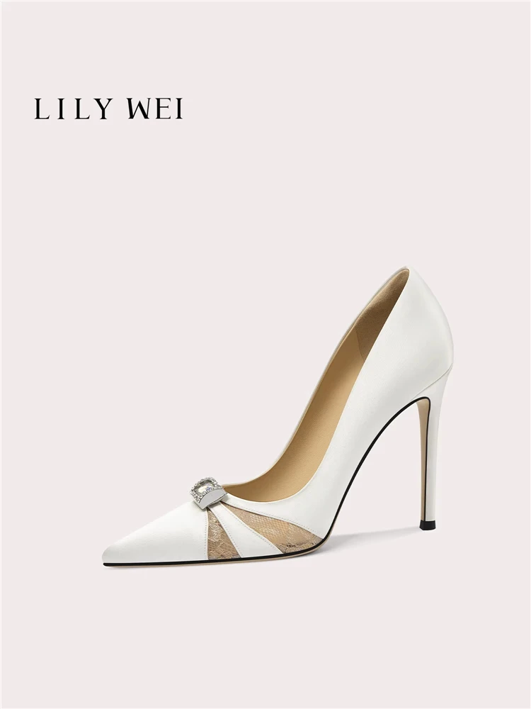 

Spring and summer new pointed cloth lace stitching rhinestone wedding shoes banquet large size small size high-heeled women shoe