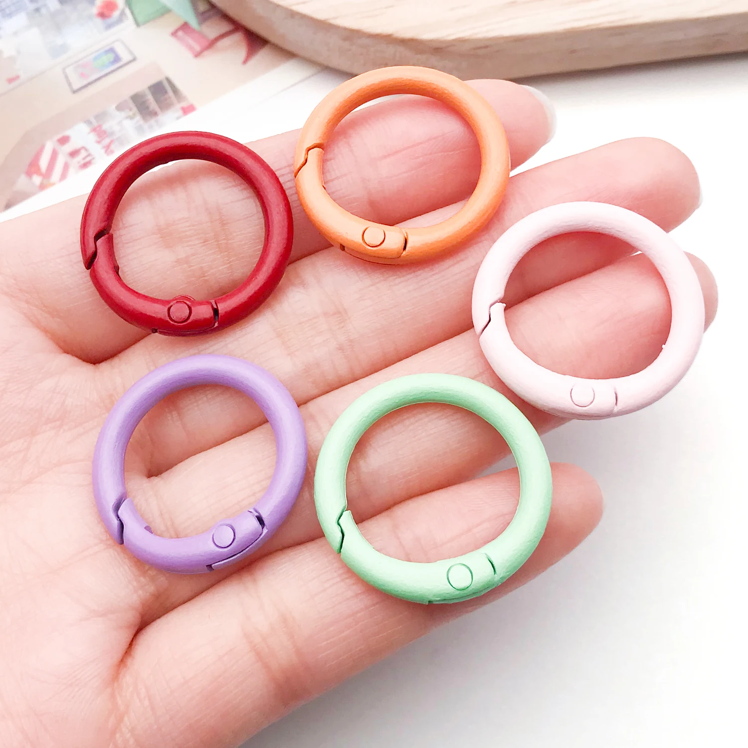 30pcs 24x24mm painted color round spring buckle series hook, suitable for key chain clip DIY jewelry buckle connector. view 5