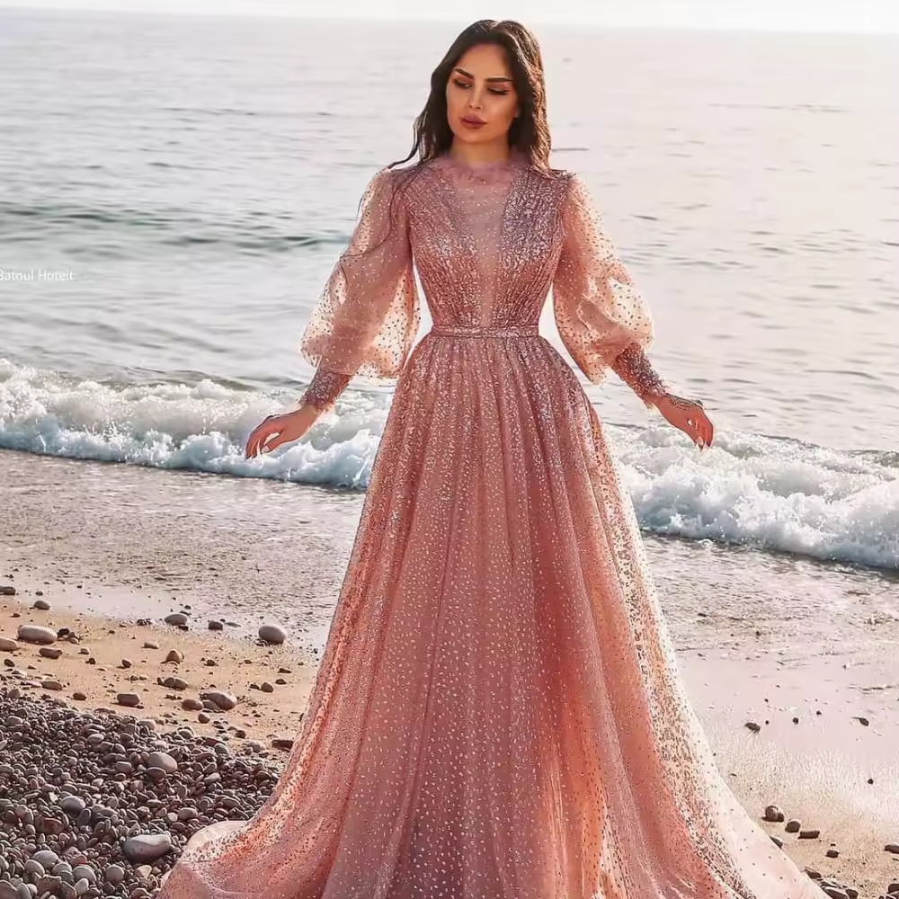 2025 Organza Long Puff Sleeves Stunning Blush Pink Prom Dresses Formal Party Grown Prom Dresses Women Wedding Gowns Customized
