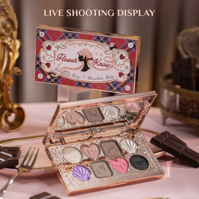 Flower Knows Chocolate Series Glitter Shiny Eyeshadow Palette 8-Color Charming Eye Makeup Long Lasting Matte Shimmer Cosmetics