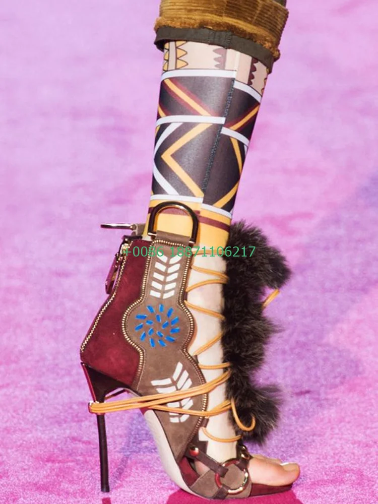 Plush Sexy Catwalk Strappy Boots 2024 New Open Toe Hollow Metal Model Stiletto Zipper Boots Fashion Ladies Party Casual Sandals