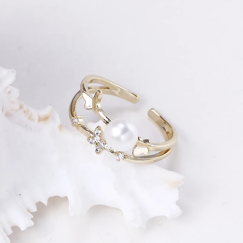 

Медное кольцо с позолотой 18K и жемчугом в форме бабочки, регулируемое, для самостоятельного изготовления украшений, модное, женское