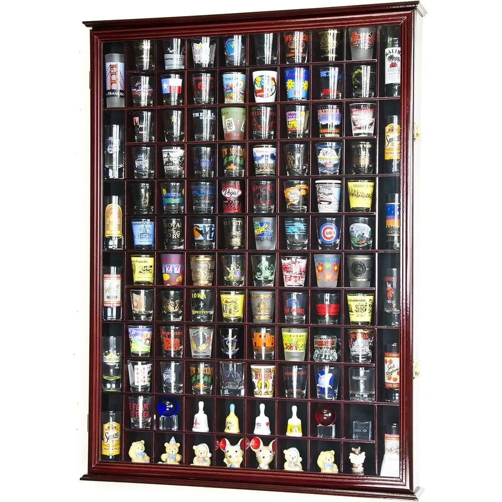 Cherry Wood 108-Shot Glass Display Case with UV Protection and Lockable Door
