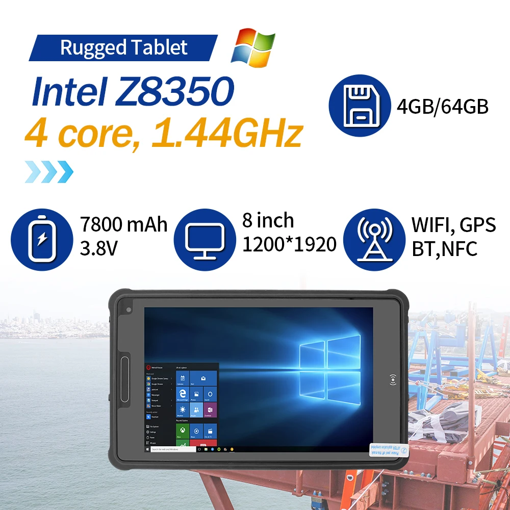 8 Inch Ultra-Thin Rugged Tablet Windows 10 IP65 Waterproof IPS Display 1920*1200 Support 4G NFC & 2D Barcode