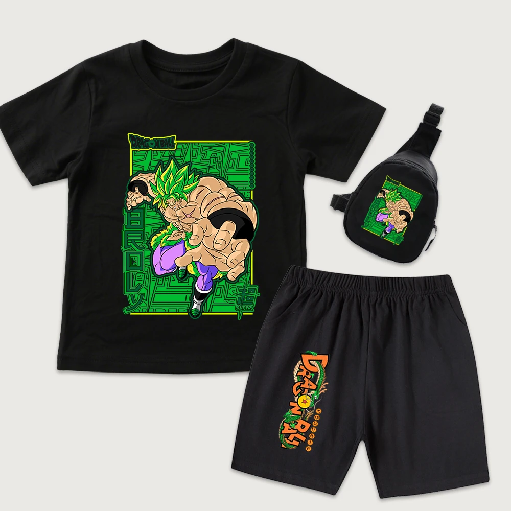 Dbs Broly Print Kids Outfit Cotton Top Shorts and Mini Crossbody Bag 3 Piece Set for Boys Girls Daily Wear Summer Style