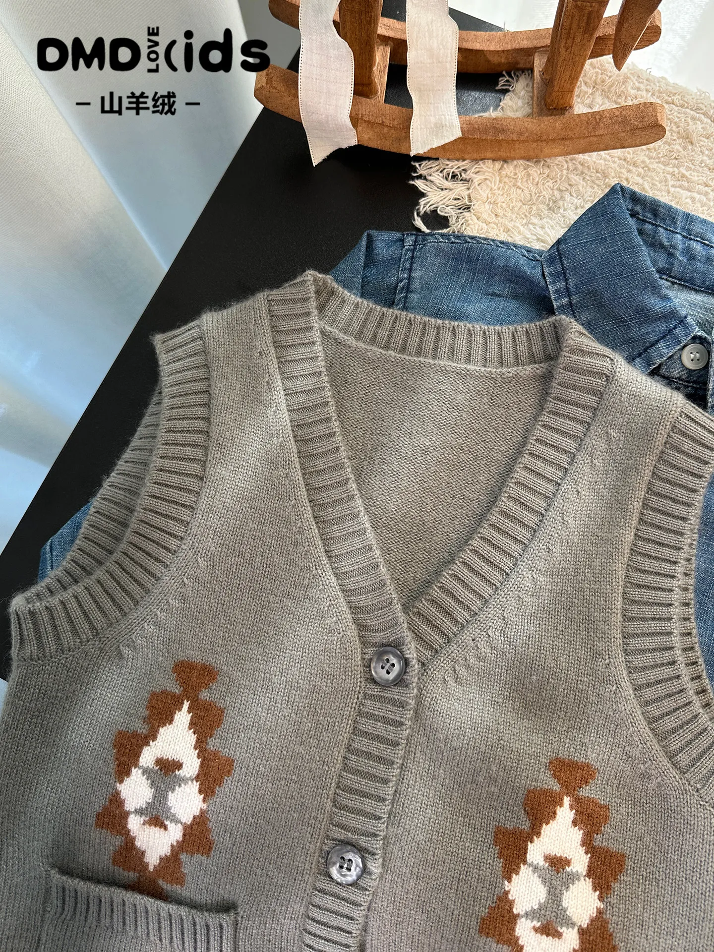 Boys Autumn Winter Pure Cashmere Vest Pocketed Open Front Knit Waistcoat Kids