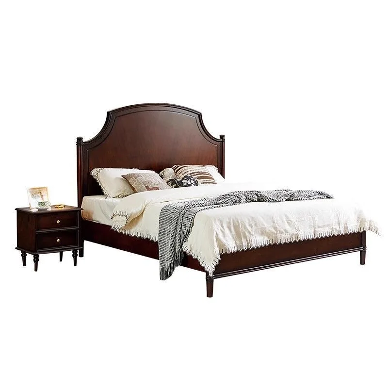 Luxury Chinese retro solid wood bed, simple hard backrest double bed, American retro style master bedroom bed