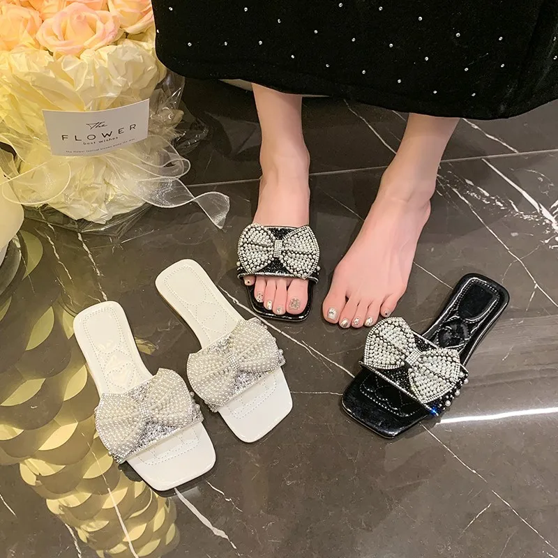 Chic Pearl - Rhinestone Bow Slides | Glamorous & Eye - Catching, Perfect for Party & Fashion Looks