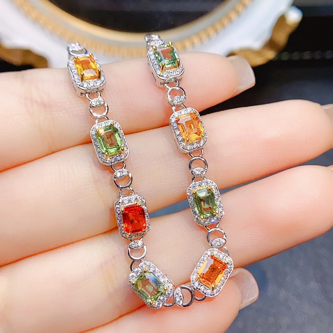 S925 Sterling Silver Natural Multi‑Color Sapphire Bracelet,3*5mm Rectangle Gemstone, Luxury Fine Jewelry Gift for Women