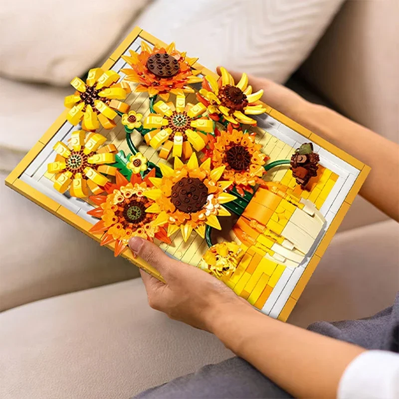 Creative Sunflowers Bouquet Painting Building Blocks Flower Potted Plant  Decoration Assemble Bricks Toy Christmas gift