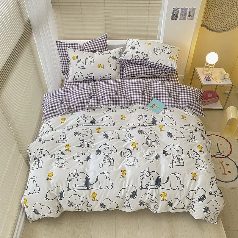 Snoopy Duvet Cover Set 100 Pure Cotton Cartoon Print Soft Skin Friendly Plaid Pattern Bedding With Pillowcases For Adult Bedroom