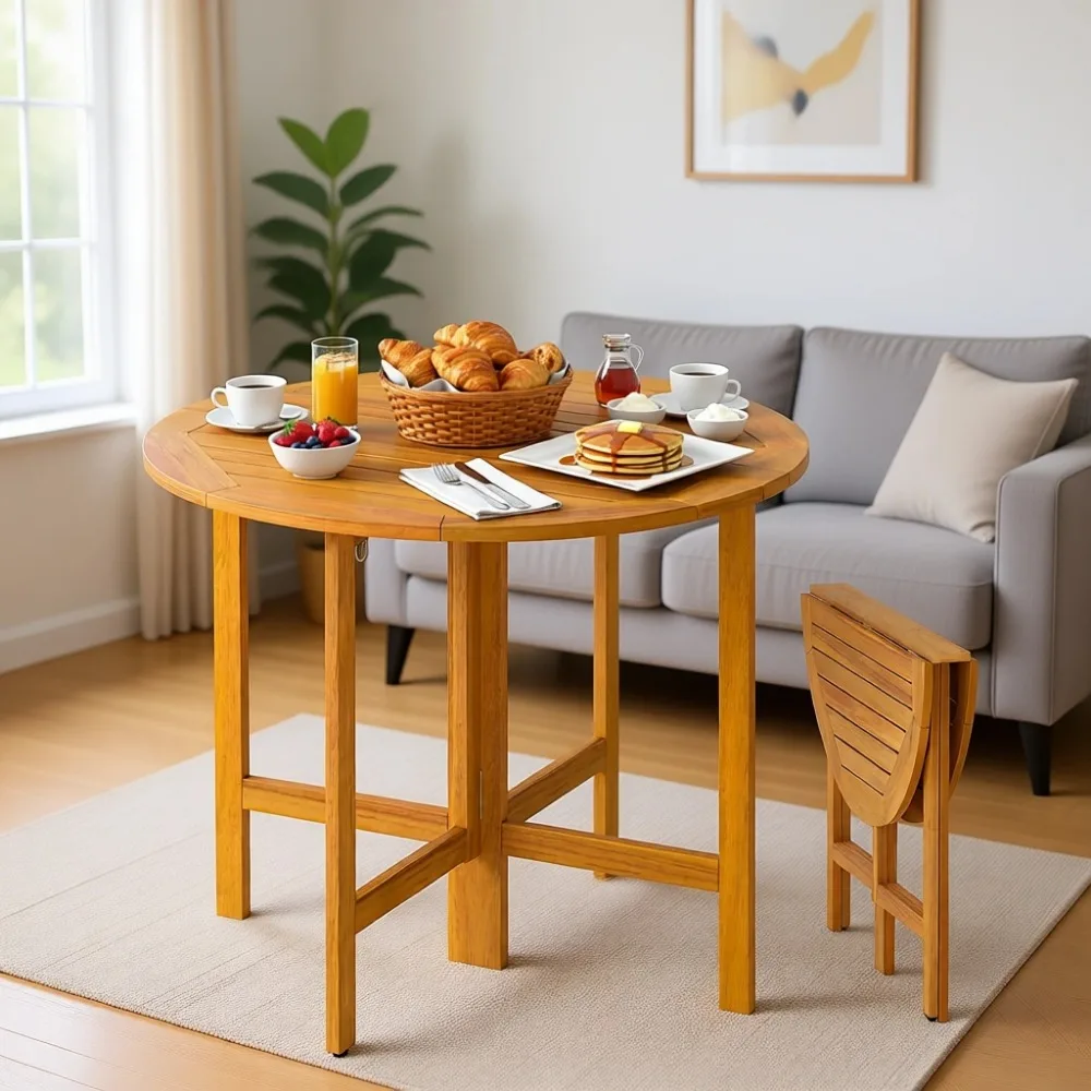 36 Inch Round Folding Dining Table, Acacia Wood Top, 4-Person Patio Furniture for Outdoor Spaces