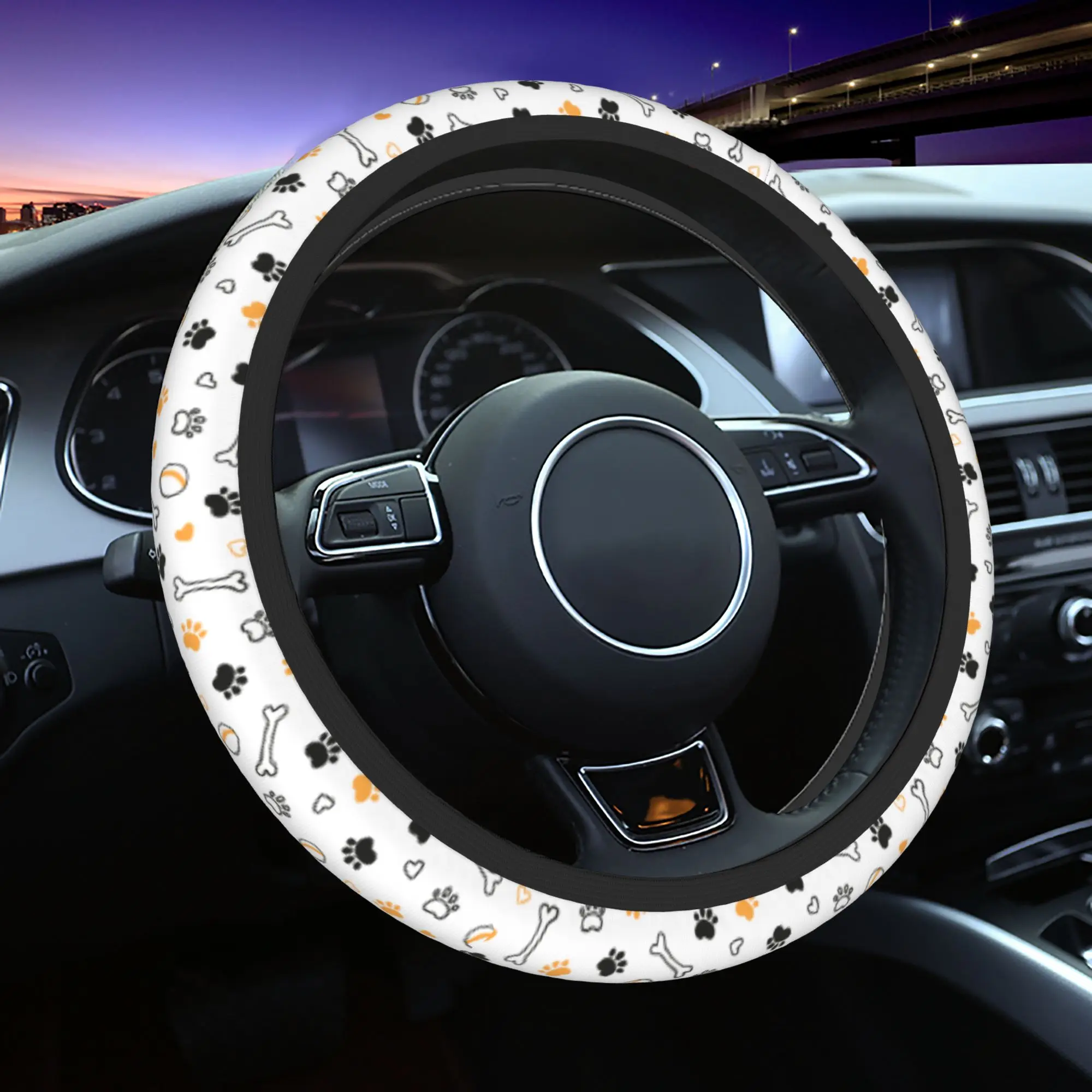 Dog Paw Print and Bone Car Steering Wheel Cover 38cm Elastic Auto Steering Wheel Protector Fashion Steering-Wheel Accessories