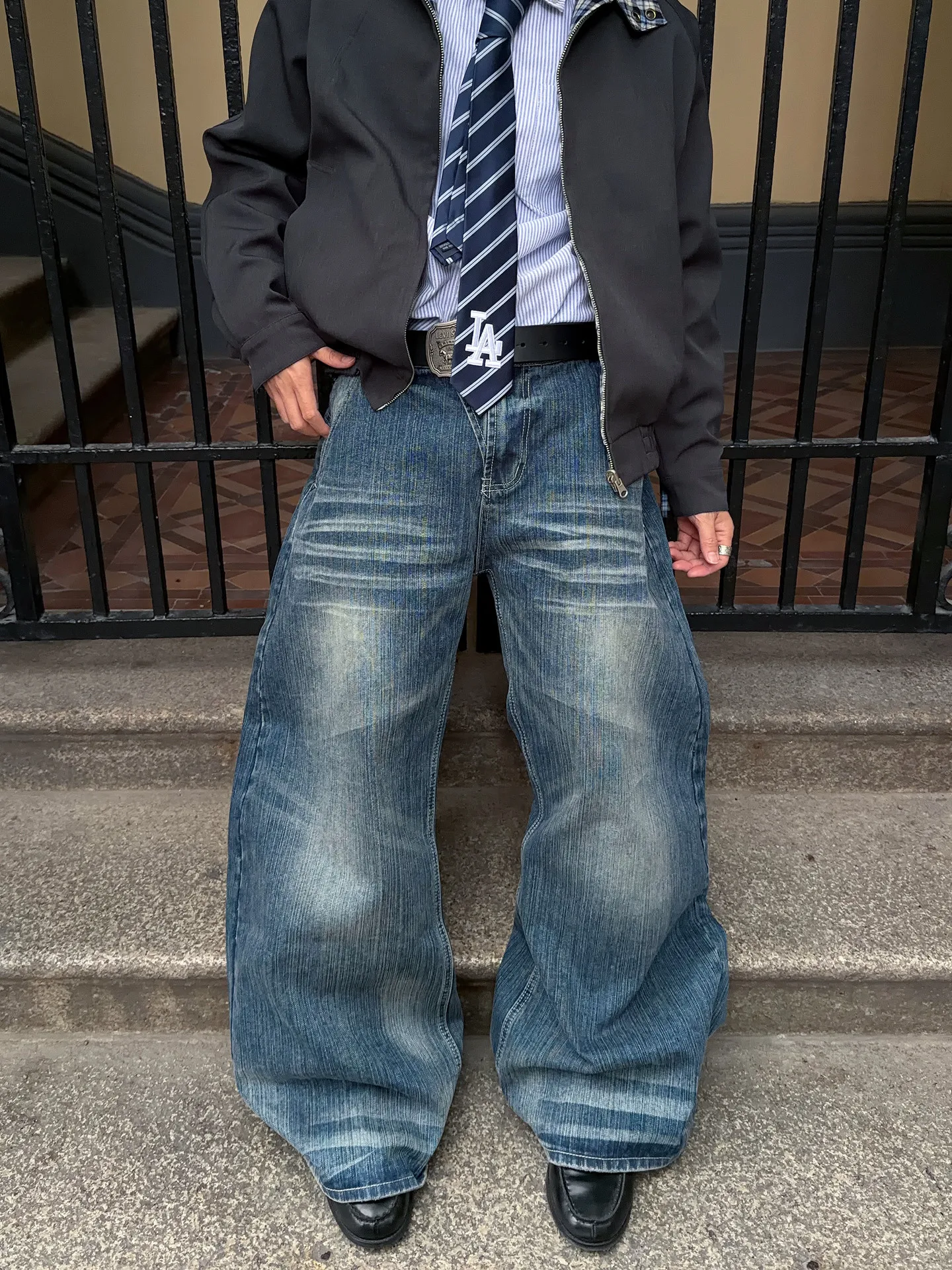 

Retro Heavy Du Wide Leg Jeans Men's Women's Bamboo Node Waed Casual Loose Fit Jeans mid Waist Zipper Pure Color All Seasons