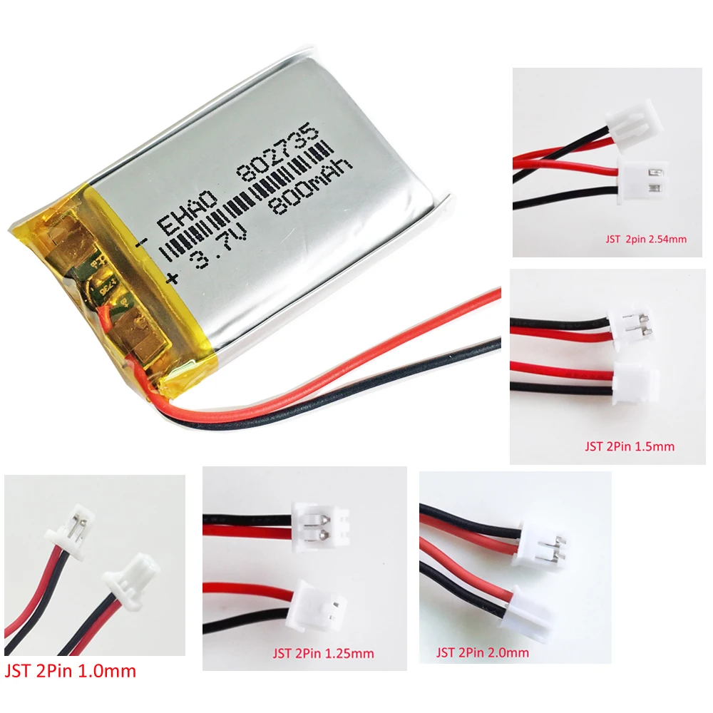 3.7V 800mAh LiPo Rechargeable Battery 802735 + JST 2Pin Plug For Mp3 GPS DVD E-book Bluetooth Headset Speaker Recorder Camera