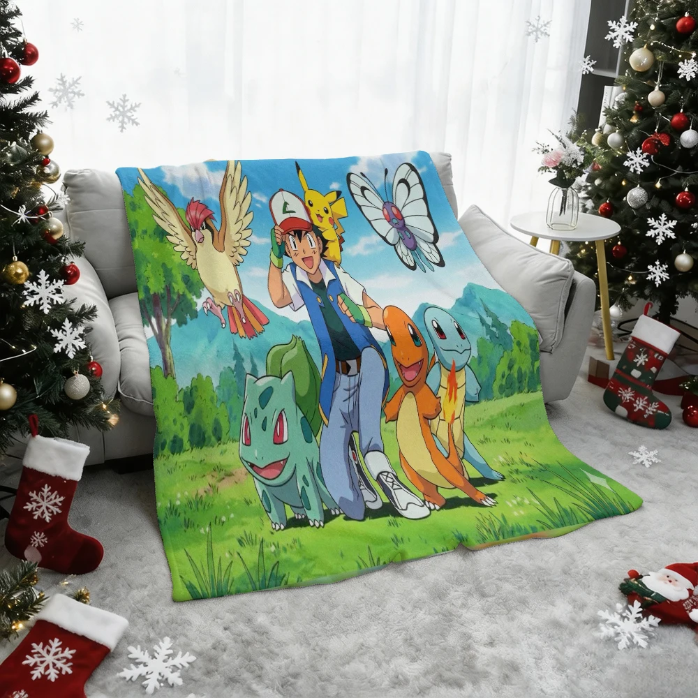 Pokemon Ash Pikachu Bulbasaur Charmander Squirtle Flannel Throw Blanket Soft Warm Cartoon Blanket for Sofa Bed Home Decor Kids G