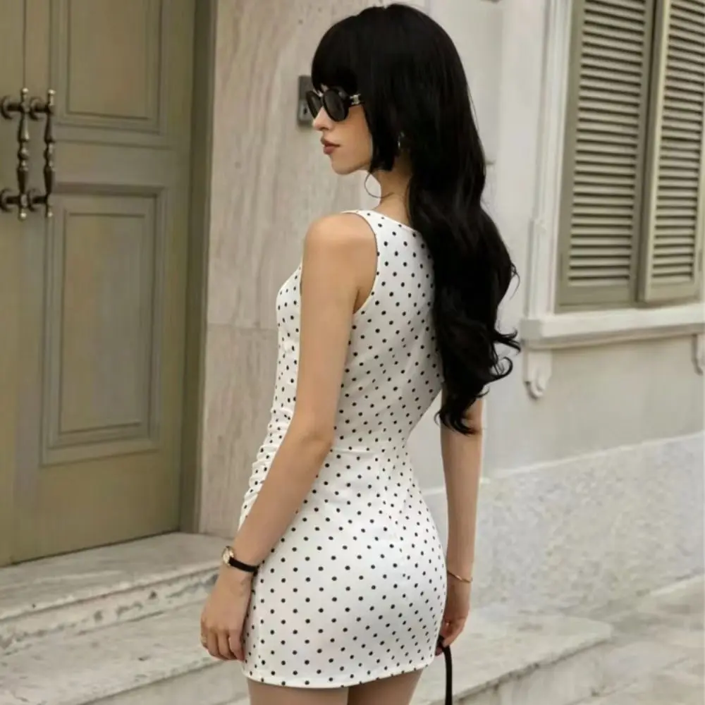 Halter Neck Polka Dot Dress Slim Fit Sleeveless Cut Sleeveless Dress Midi Length High Waist Waisted Dress Daily Outing