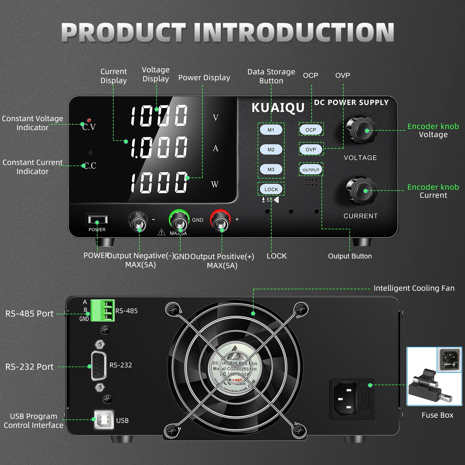 KUAIQU 1000V 1A 1000W Programmable DC Power Supply 800V/600V/400V Adjustable Bench Regulator OCP OVP USB for PV Inverter Testing