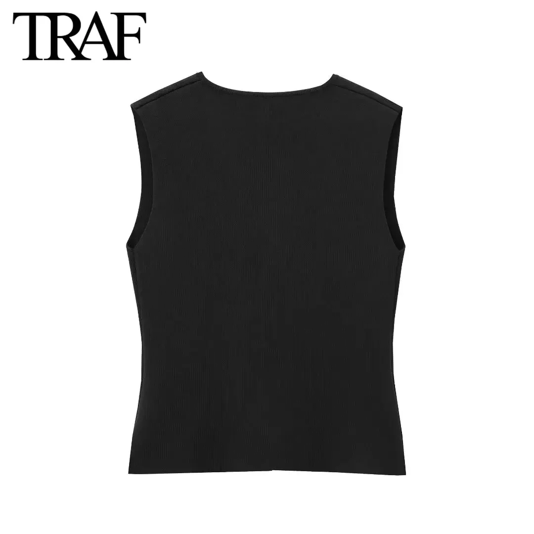 TRAF Women Fashion New Sleeveless V-neck Gold Button Single Breasted Cardigan Knitted Sweater Short Vest Sweet Chic Ladies Tops