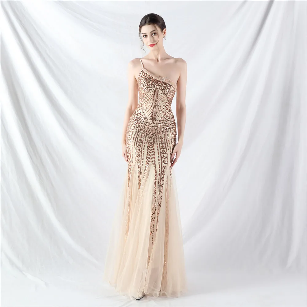 Robe de Soirée Longue en Forme de Sirène Dorée pour Femme, Tenue de Bal Chic, Dos aux, Paillettes, Tulle, Formelle, Vente en Gros