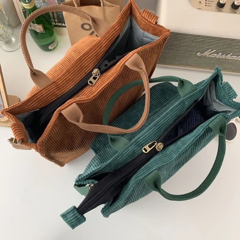1 Stück Cord-Umhängetasche für Damen, Vintage-Einkaufstaschen, Reißverschluss, für Mädchen, Studenten, Büchertasche, Handtaschen, lässige Tragetasche mit Außentasche – Detail 4