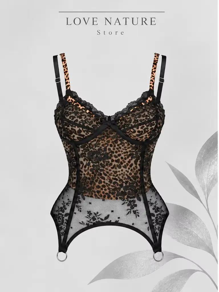 【LOVE NATURE Store】Women's Sexy Leopard Print Lace Bustier Top, Sheer Mesh Corset Lingerie with Adjustable Straps and Garter