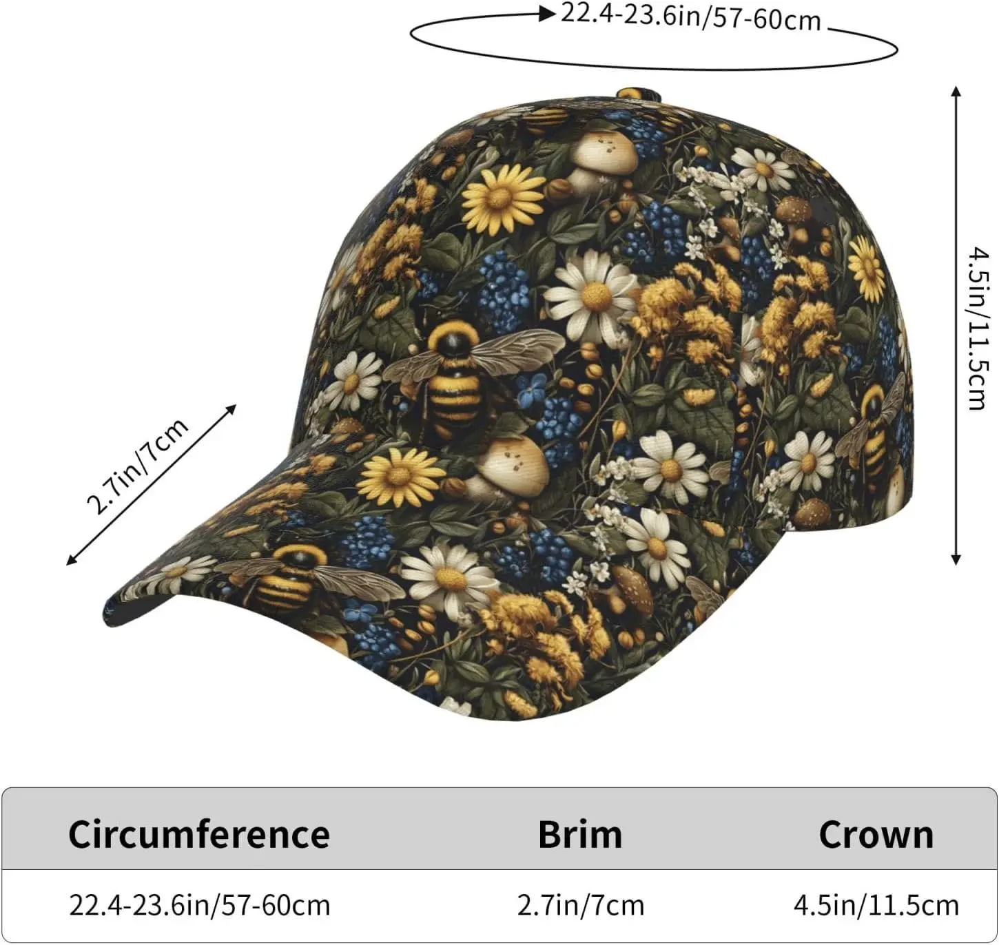 Trucker Hat Men Women Daisy Flower Bee Print Adjustable Baseball Cap Hiking Running Dad Golf Hat Black
