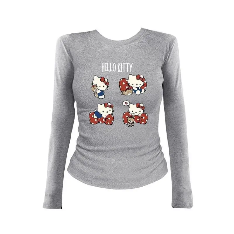 

Sanrios Kawaii с длинными рукавами Hello Kitty's, милая футболка, базовая рубашка, повседневная удобная рубашка с круглым вырезом, модный принт, креативная горячая распродажа