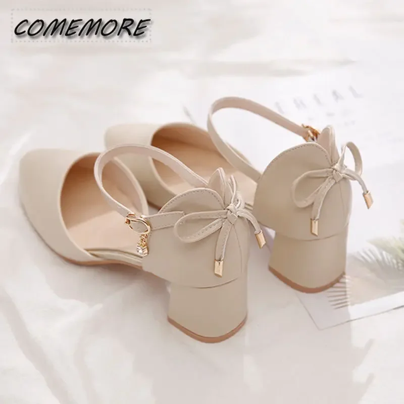 Ladies Shoes 2023 New Pumps Bow Elegant Mid Heels Two-Piece Shoes Buckle Pointed Toe Summer Footwear Fashion Women Shoes Female